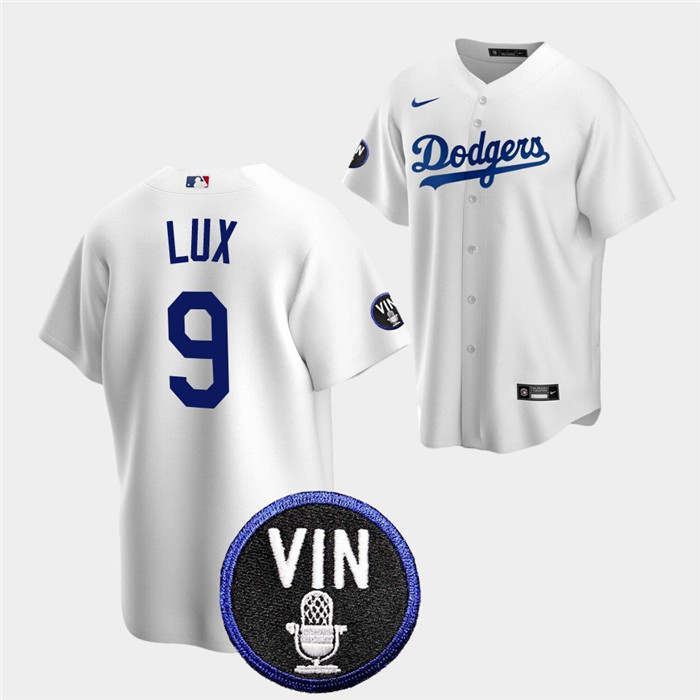 Men's White Los Angeles Dodgers #9 Gavin Lux 2022 Vin Scully Patch Cool Base Stitched Baseball Jersey